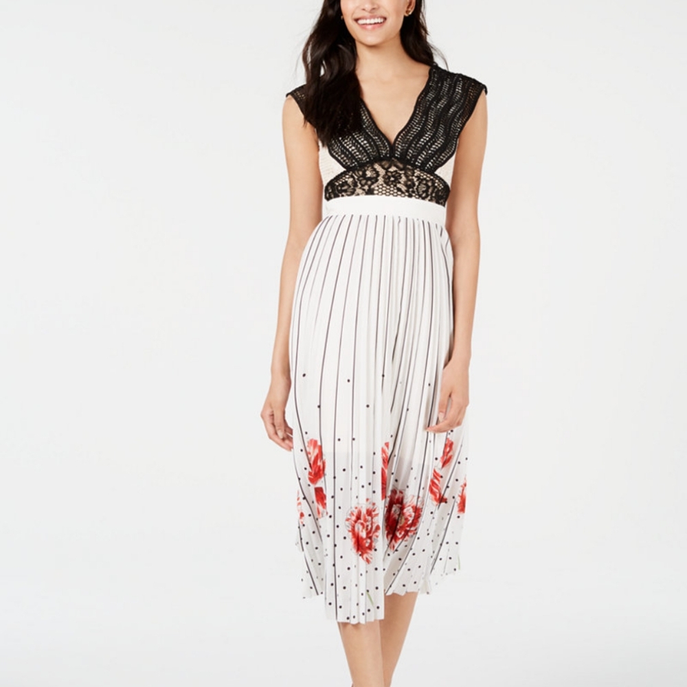 foxiedox Hera Pleat Midi Dress Pleated Floral Polka Dot Women's Size XL New
